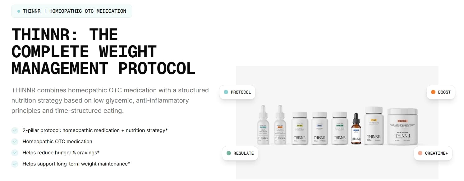 THINNR weight management protocol overview: homeopathic OTC medication combined with a structured nutrition strategy